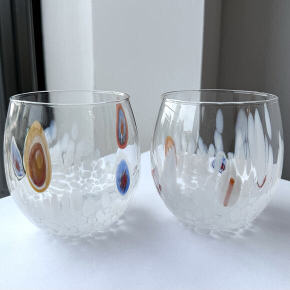 Murano Millefiori Hand Blown Art Glass Stemless Wine Glasses Set of 2 - 3 3/4" - Picture 2 of 9